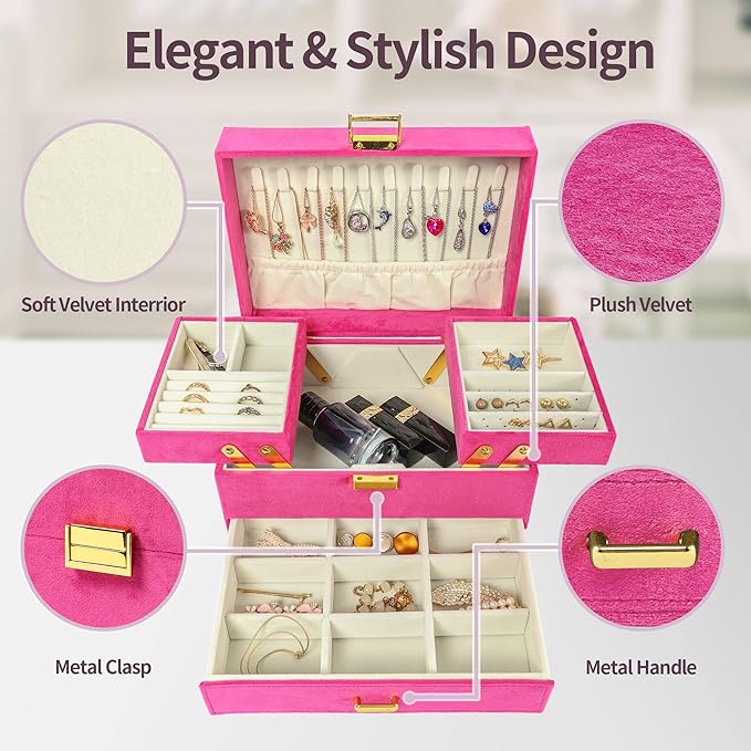 Dajasan Jewelry Organizer Box, Large Jewelry Boxes for Women Girls, Space-Saving 3 Layers Jewelry Storage Case with Drawer, G