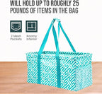 Extra Large Utility Tote Bag - Oversized Collapsible Reusable Wire Frame Rectangular Canvas Basket With Two Exterior Pockets For Beach, Pool, Laundry, Car Trunk, Storage - Geometric Teal