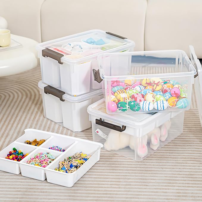 Citylife 17 QT Plastic Storage Box with Removable Tray and 6 Detachable Tall Inserts Craft Organizers and Storage Clear Stora