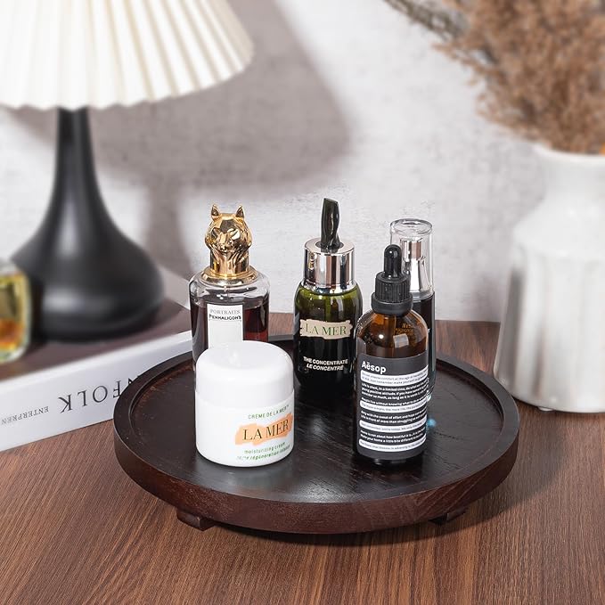 Round Decorative Tray Wood Bathroom Counter Organizer Farmhouse Kitchen Decor Wooden Riser for Soap Dish, Perfume, Candle, Sp