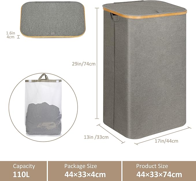 iEGrow Laundry Hamper with Lid, 110L Large Laundry Hamper with Handle and Lid, Collapsible Clothes Basket Organizer with Remo
