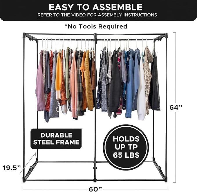 HOLDN’ STORAGE Portable Wardrobe Closet - 65 lb Large Capacity, Internal Heavy Duty Metal Rod, Zipper & Clear Window, Durable
