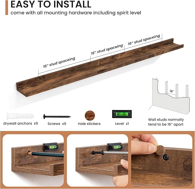 Fun Memories Picture Ledge Shelves Set of 2, 55 Inch Rustic Wall Mounted Floating Shelves with Lip for Home Storage and Décor