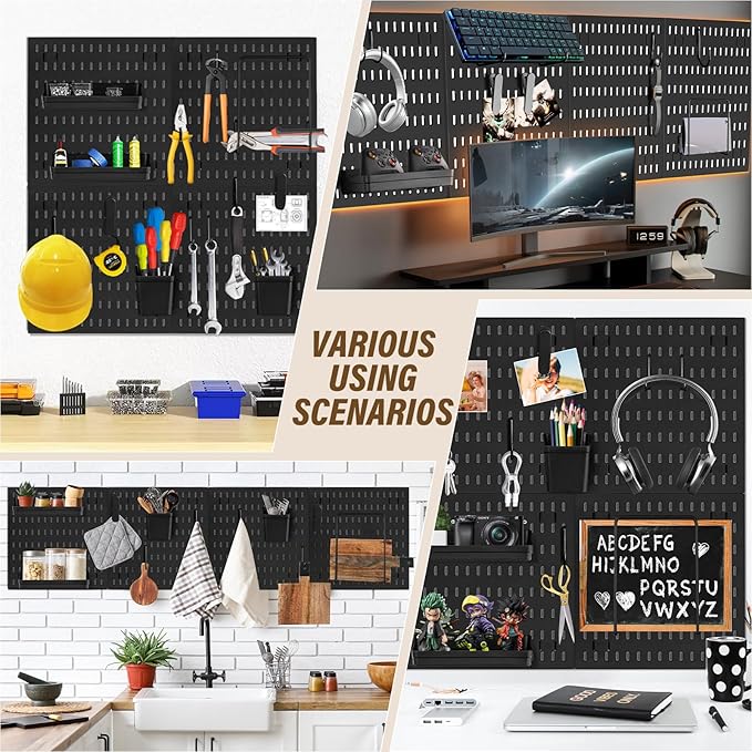 AKTOP Peg Board Wall Organizer 4-Pack – 12"x12" Black Pegboard Combination Kit with 13 Accessories for Wall, Plastic Peg Boar