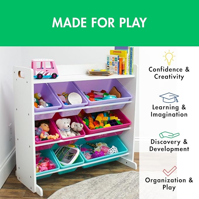 Humble Crew Toy Storage Organizer with 9 Removable Storage Bins for Kids Playroom, 3-Tier with Top Shelf Toddler Toy Organiza