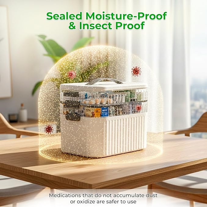 Multi-Tier Medicine Storage Box with Handle | Portable First Aid Organizer for Home, Office & Travel | Large Pill Storage Cab
