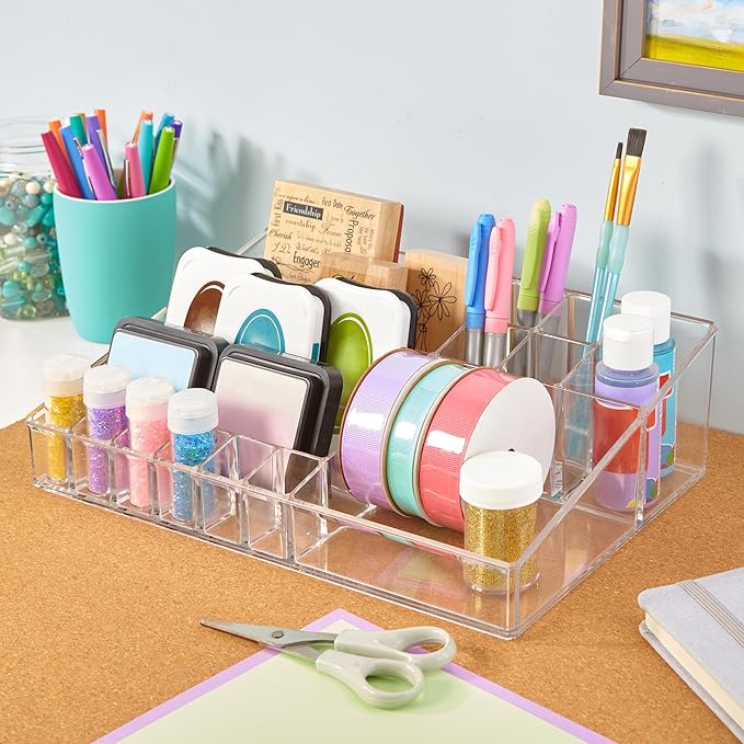 STORi Audrey Clear Vanity Makeup Organizer | 15-Compartment Holder for Brushes, Eyeshadow Palettes, & Beauty Supplies | Stack