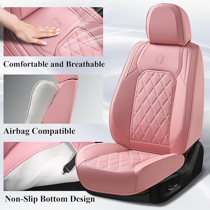 Coverado Car Seat Covers Full Set, Pink Leather Seat Covers for Cars, Universal Waterproof Car Seat Cover, Luxury Front and B