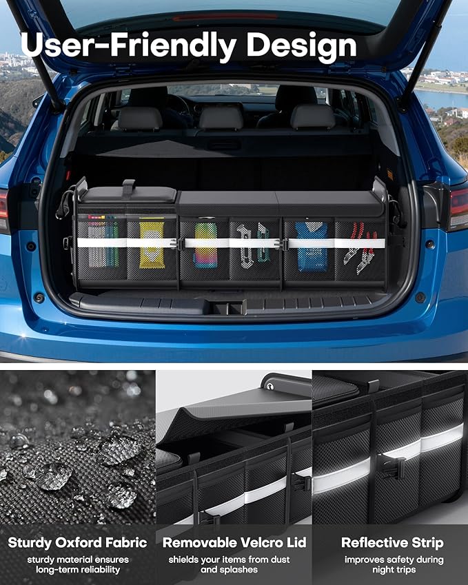 HOTOR Trunk Organizer - 3-Compartment Car Organizer and Storage with Cooler Bag, Foldable Car Storage Organizer for SUV with