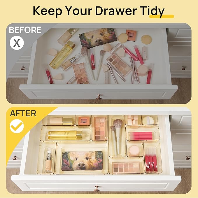 Vtopmart 25 PCS Clear Plastic Drawer Organizers Set, 4-Size Versatile Bathroom and Vanity Drawer Organizer Trays, Storage Bin