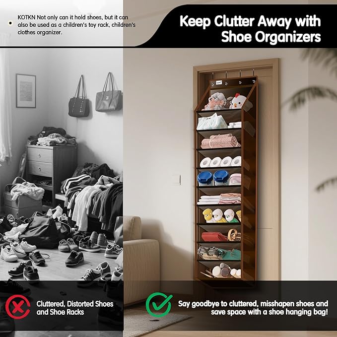 Kotkn 10 Tier Over The Door Organizer - Heavy Duty Hanging Storage Rack with Sturdy Oxford Fabric, Holds 20+ Pairs of Footwea