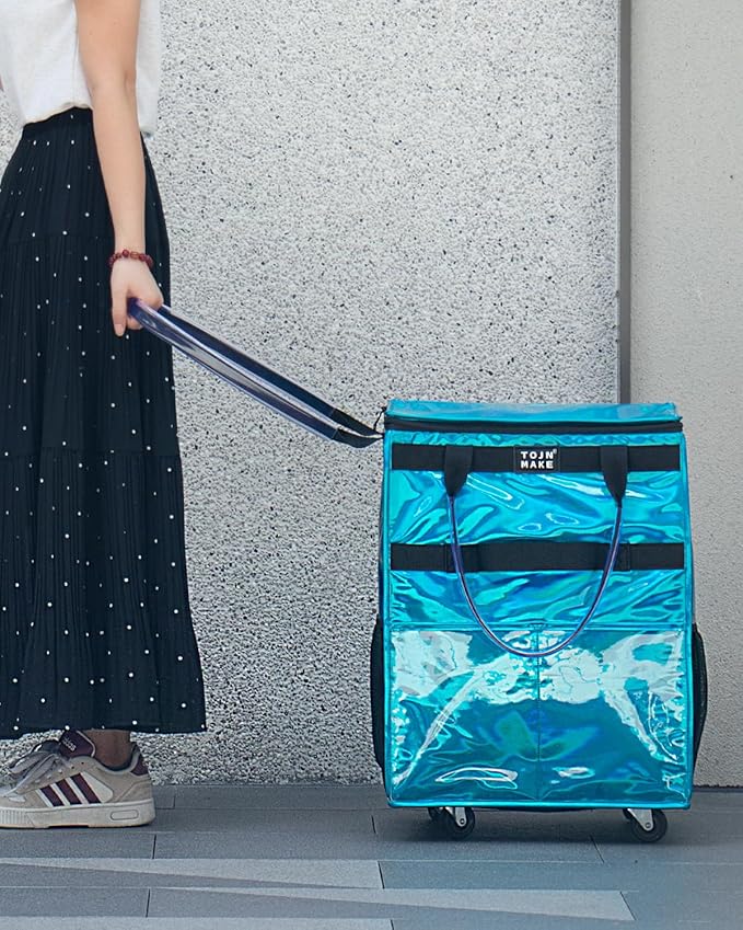 Reusable Grocery Bag On Wheels, Shopping Trolley, Rolling Tote with 8 Pockets and Zipper Cover, Foldable, Heavy Duty Handles, Carries Up to 46 LBS (Medium, Glitter Blue)