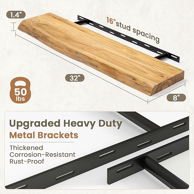 Fun Memories Floating Shelves for Wall Decor Set of 2-32 Inch Solid Elm Wood Live Edge - Rustic Natural Wall Shelves with Inv
