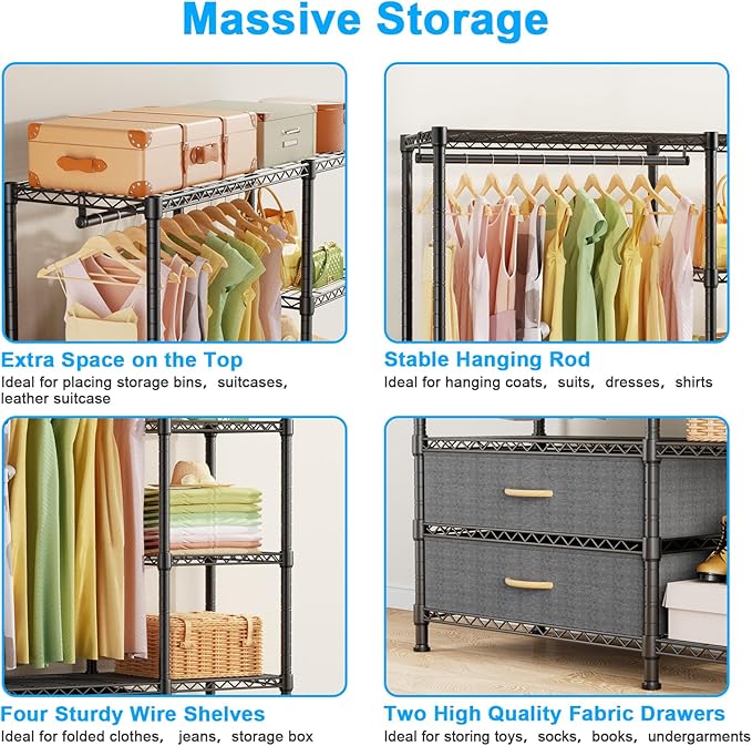 Ulif F3 Heavy Duty Clothes Rack（With Fabric Drawers）Freestanding Clothing Racks for Hanging Clothes，Adjustable Closet Organiz