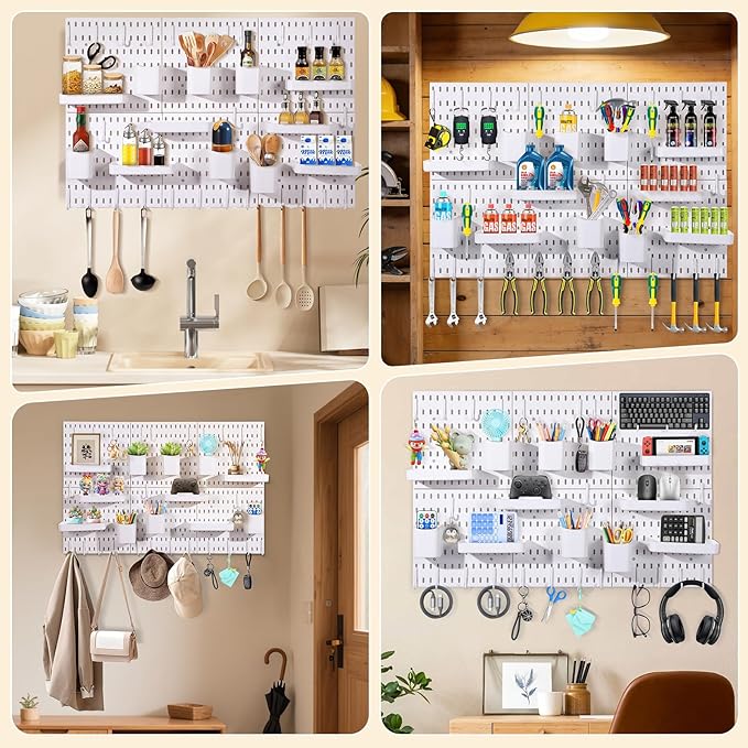 6-Pack PegBoard Wall Organizer, 11"X11" PegBoard, Include 48 Pcs Peg Board Accessories, Multi-Surface Storage Solution For Ro