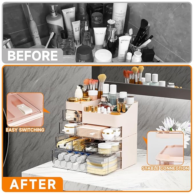 Pink Makeup Countertop Organizer,Large Capacity Make up Organizers for Vanity with 6 Drawer,Plastic Bathroom Skincare Organiz