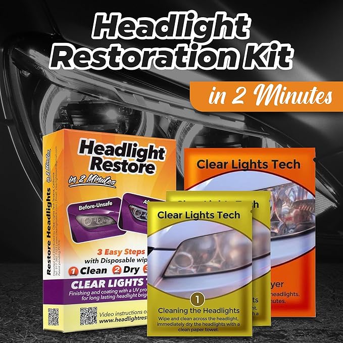 Headlight Restoration Kit - Headlight Cleaner 3-Wipe System, Restores Clarity, Removes Yellowing & Oxidation, Improves Nightt