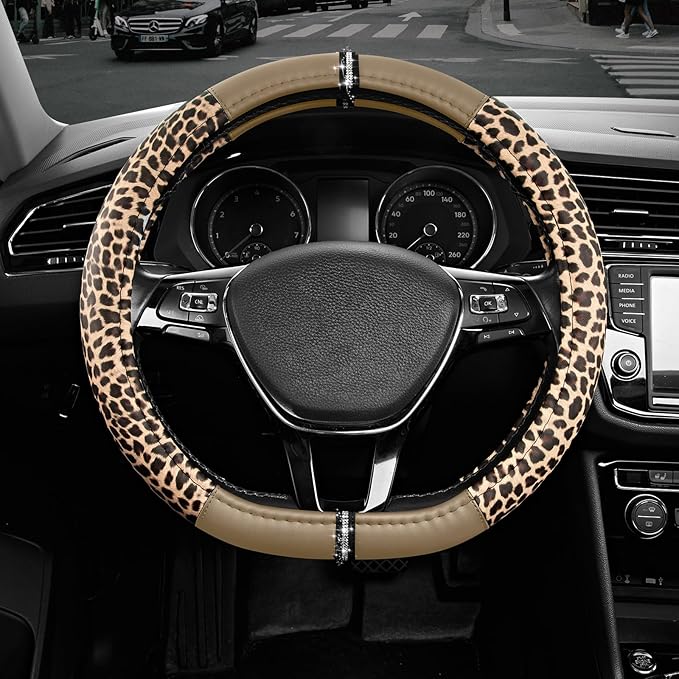 Road Comforts Leopard Steering Wheel Cover for Women, Cute Anti-Slip Microfiber Leather, Fits D Shape Flat Bottom Steering Wh