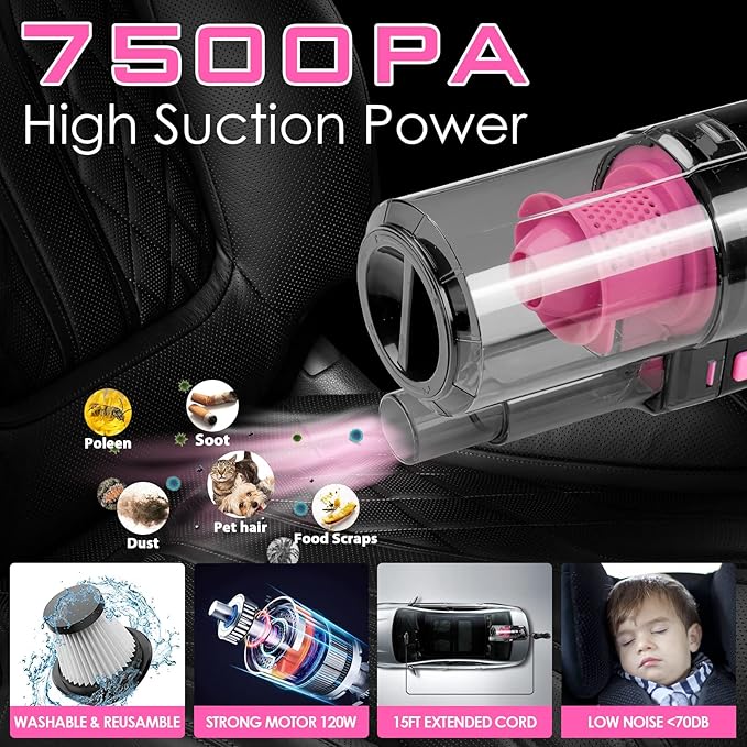 Viewsun 17pcs Car Cleaning Kit, Pink Car Interior Detailing Kit with High Power Handheld Vacuum, Detailing Brush Set, Windshi