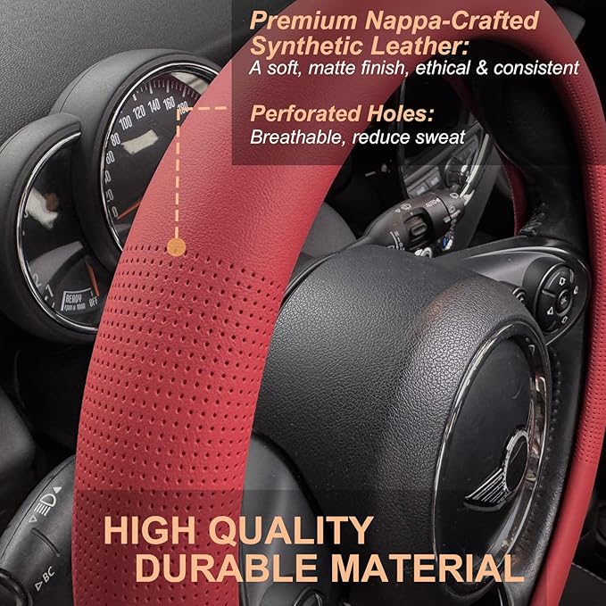 PINCTROT Nappa Leather Steering Wheel Cover, Slim Fit No Bulk Design, One Piece Leather with Breathable Perforation, Fit Like