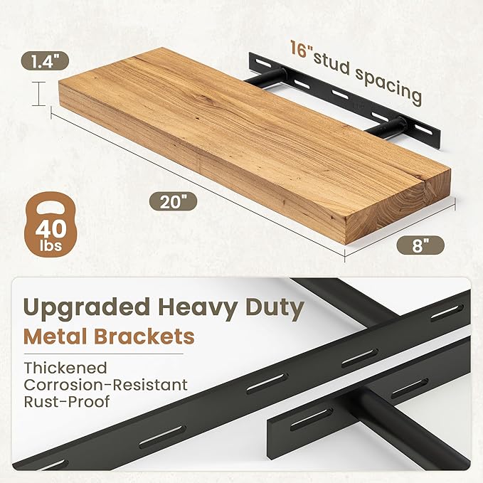 Fun Memories Solid Elm Wood Floating Shelves Set of 2-20 Inch Rustic Wall Shelves with Heavy-Duty Invisible Brackets - for Li
