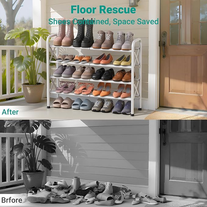 YEASHEIN 4-Tier Expandable Shoe Rack for Closet Floor, X-Frame Metal Small Shoe Rack for Entryway, Adjustable Shoe Shelf Orga