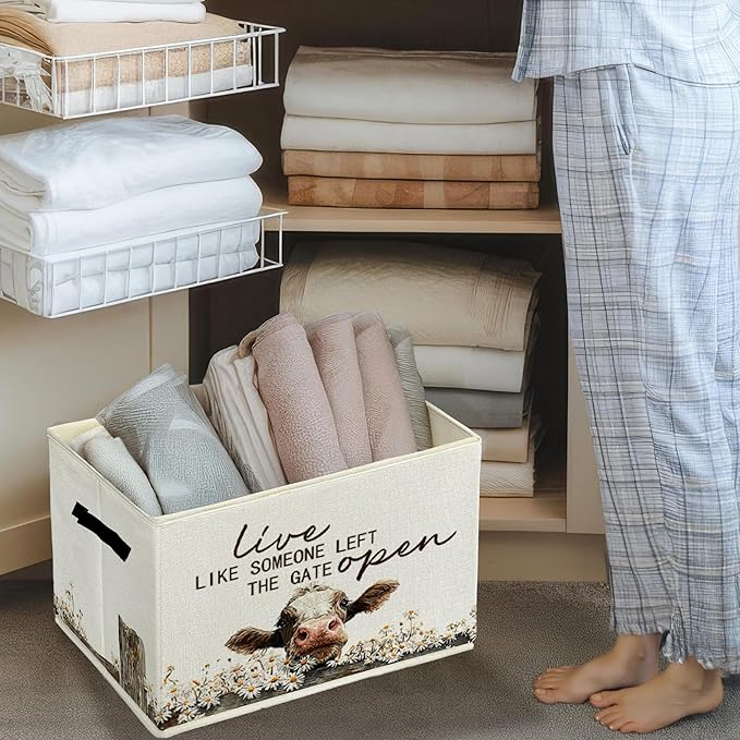 Rustic Cow Storage Bins & Boxes with Handles, Farmhouse Cow Foldable Basket for Organizing, Live Like Someone Left the Gate O
