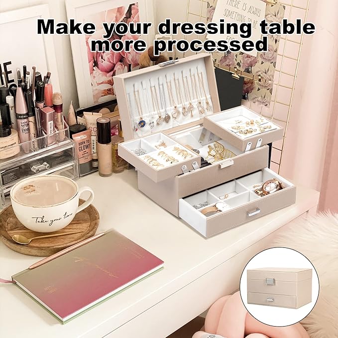 Dajasan Jewelry Organizer Box, Large Jewelry Boxes for Women Girls, Space-Saving 3 Layers Jewelry Storage Case with Drawer, M