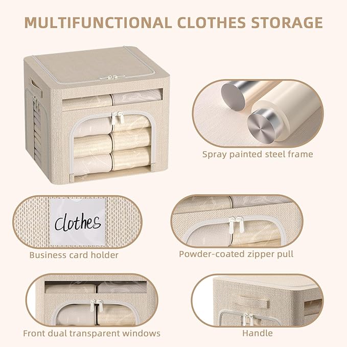 FHSQX 6 Pack Foldable Storage Bins for Clothes Clothes Storage Bins with Metal Frame Stackable Storage Box with Lid (Beige, 1