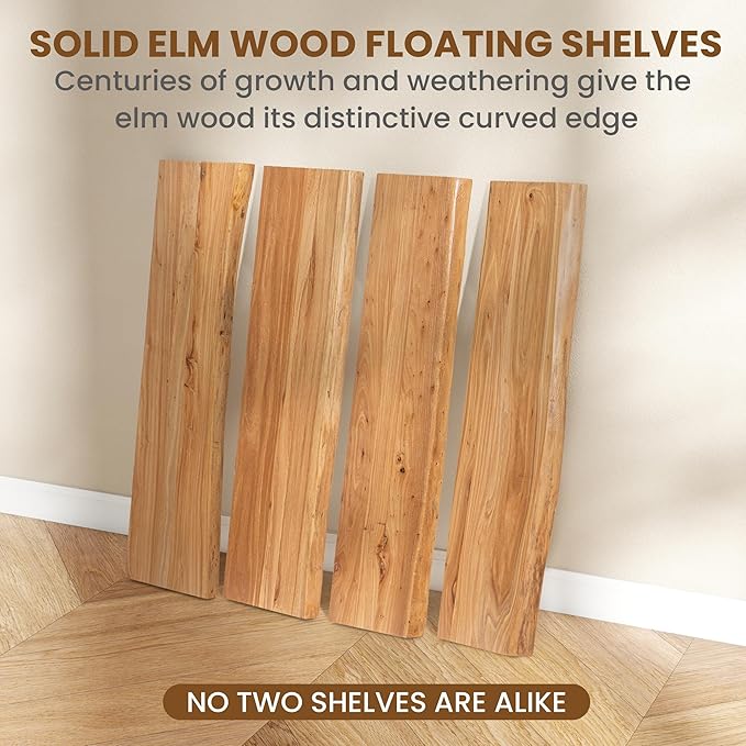 Floating Shelves for Wall Decor, Rustic Solid Elm Wood Live Edge Floating Shelves Wall Mounted, Wall Shelves with Invisible B