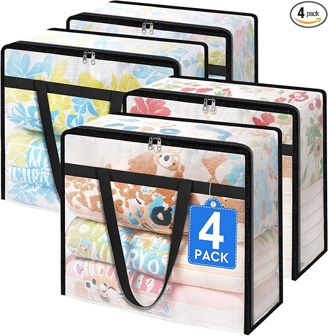 TasticTotes 4 Pack Clear Storage Bags for Comforter, Clothes & Bedding, Plastic Blanket Storage with Zipper and Handle, Movin