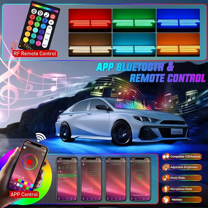 Nilight 4Pcs Aluminum Underglow Neon Accent Strip Lights 396 LEDs RGB Door Assist Multi Color DIY Sound Active Function Music Mode with APP and Remote Control Underbody Light Strips for Car Truck RV