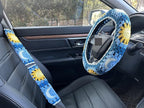 Handmade Crochet Sun and Moon Car Steering Wheel Covers Universal 14-15 inch for Women and Men (Wheel Covers+2belt Covers+2Car Coasters+Strawberry)