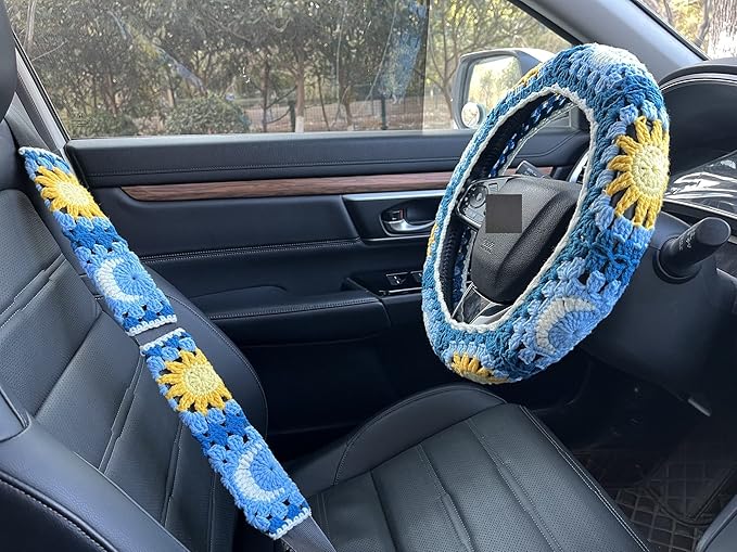 Handmade Crochet Sun and Moon Car Steering Wheel Covers Universal 14-15 inch for Women and Men (Wheel Covers+2belt Covers+2Car Coasters+Strawberry)