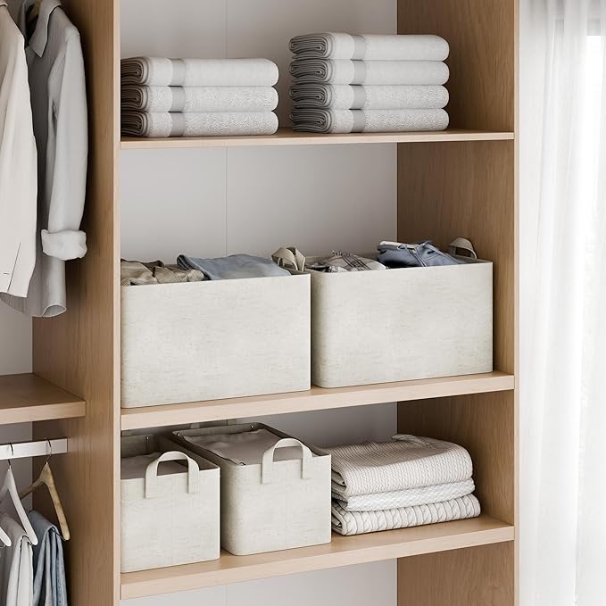 StorageWorks Storage Bins, Shelves Baskets for Organizing, Fabric Closet Organizers with Handles, Metal Frame, Beige-Cotton-l