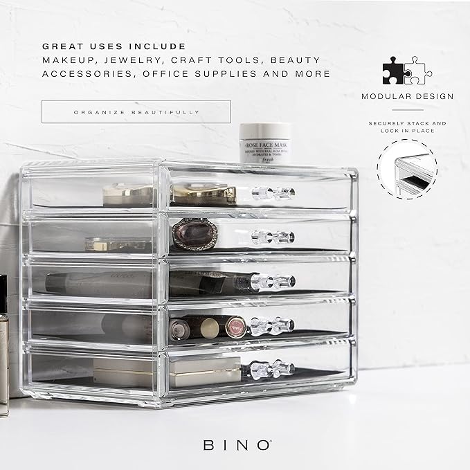 BINO THE MANHATTAN SERIES Acrylic Makeup Drawer Organizer- 5 Drawers | Clear Beauty Organizers and Storage| Cosmetic & Makeup