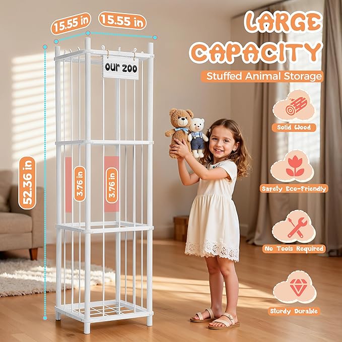 LAMU Stuffed Animal Storage, Wooden Zoo Stuffed Animal Holder with Elastic Cords, Space Save Toy Organizer, Extra Large Capac