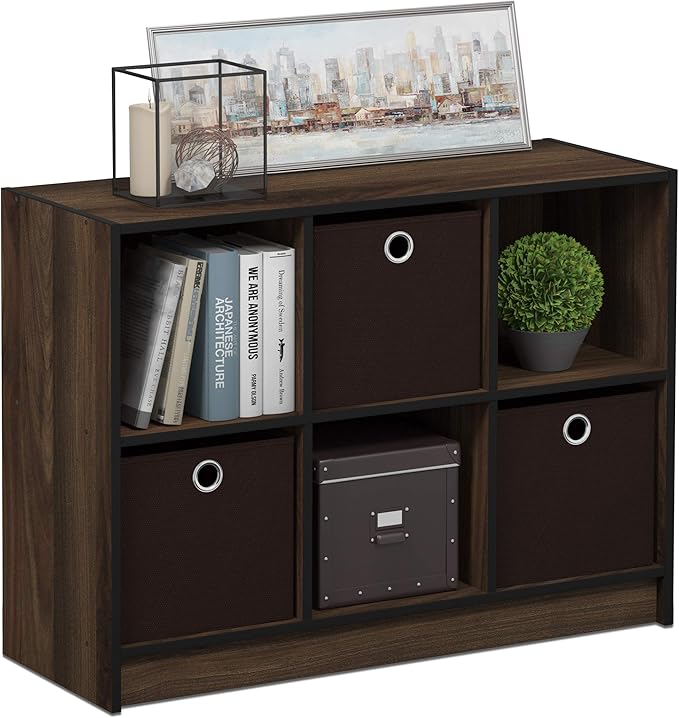Furinno BASIC Book Shelf, 6-Cube Bookshelf with Open Shelf, 3 x 2 Bookcase with Storage Bins, Closed Back, Horizontal, 11.9 x