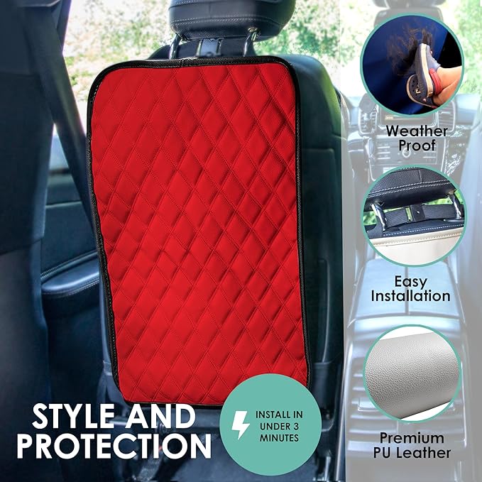 FH Group 2-Pack Diamond Stitched Faux Leather Back Seat Kick Protectors, Heavy Duty Car Kick Mat for Kids Waterproof Protecti