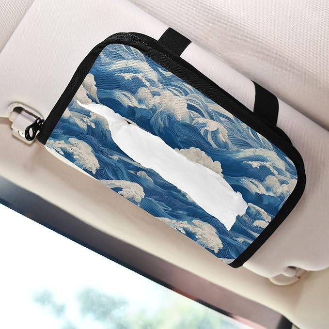 Car Tissue Holder Car Visor Organizer Tissue Box Holder for Car Sun Visor Organizer with Car Vehicle Accessories Essentials Interior for Women Men Blue Waves WhiteFoam Textures