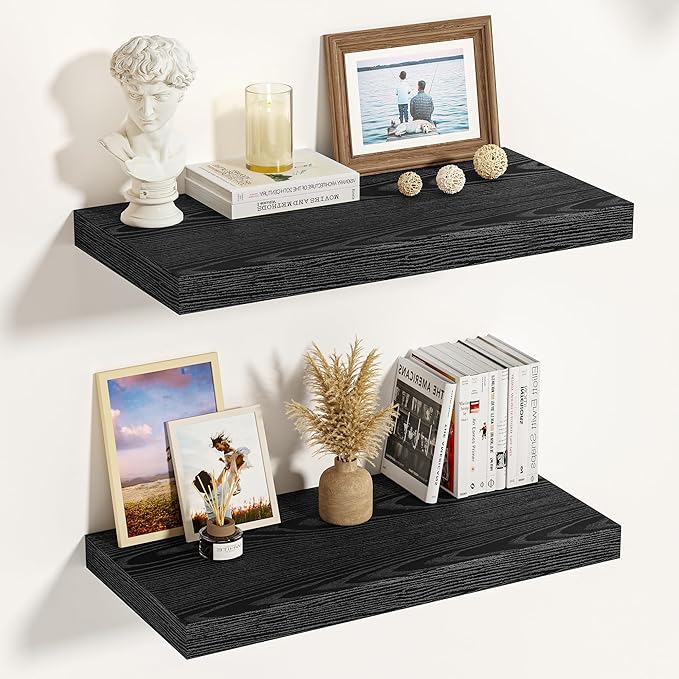 Vivelove Black Floating Shelves 16 Inches Wide, 12" Deep Wall Shelves for Bedroom, Bathroom, Living Room, Kitchen, Office, Ru