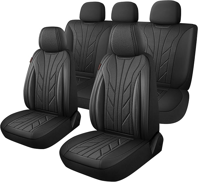 CAROMOP Luxury Faux Leather&Fabric Car Seat Covers Full Set with Breathable 3D Foam Back Support,Universal Comfortable Seat C