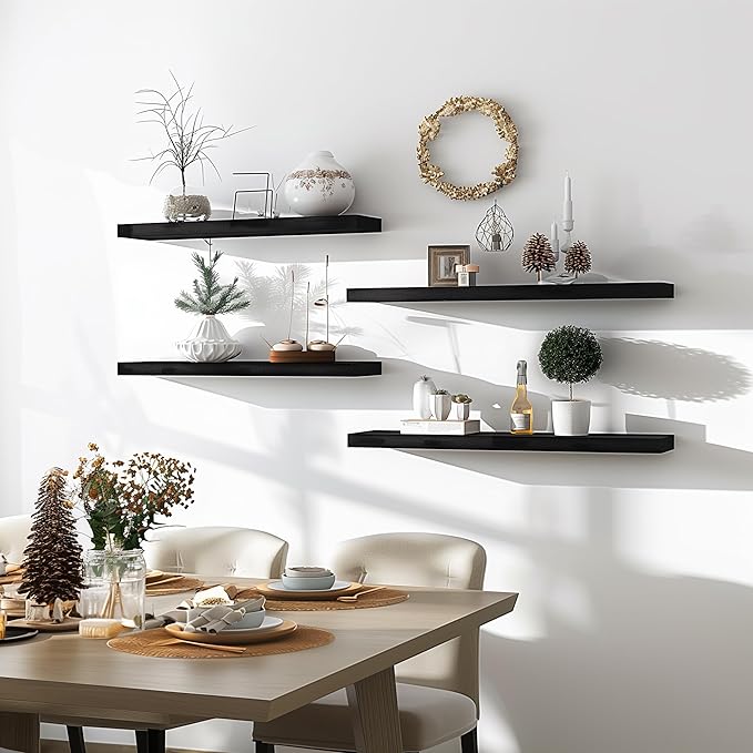 PHPH 24 Inch Wood Floating Shelves for Wall, Wooden Wall Shelves for Bedroom, Set of 6 Black