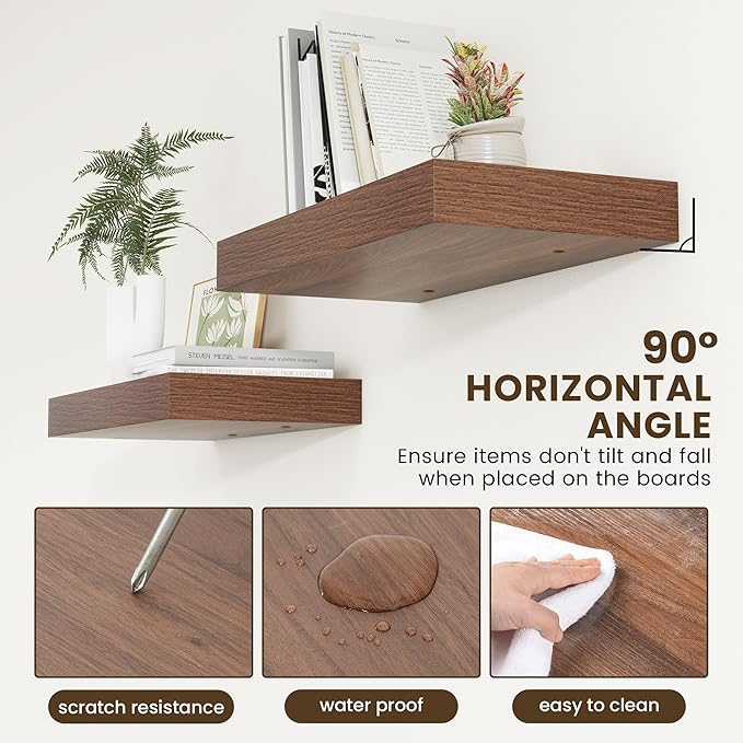 12 Inch Deep Floating Shelves | 24 Inch Walnut Floating Shelves | 24" W x 12" D Rustic Wood Shelves for Wall | Deep Shelves f