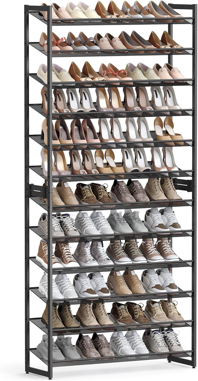 SONGMICS Shoe Rack, 12-Tier Shoe Organizer, Metal Shoe Storage for Garage, Entryway, Set of 2 6-Tier Stackable Shoe Shelf, wi