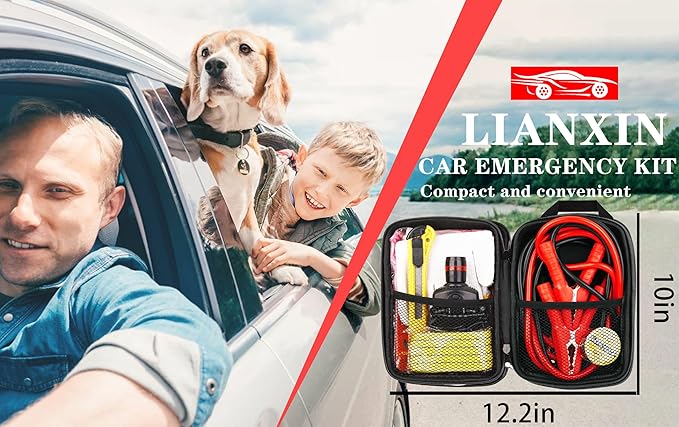Car Roadside Emergency Kit,Car Safety Roadside Assistance Kit Jumper Cables, Headlamp,Tow Straps,Art Knife,Grey Automotive Em
