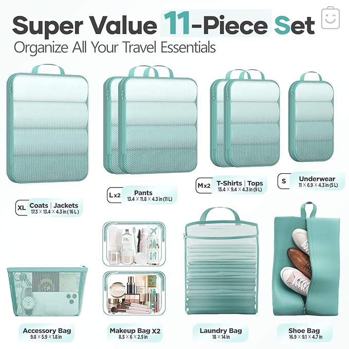 Veken 11 Set Compression Packing Cubes for Travel Essentials,Compressible Expandable Large Luggage Suitcase Organizer Bags fo