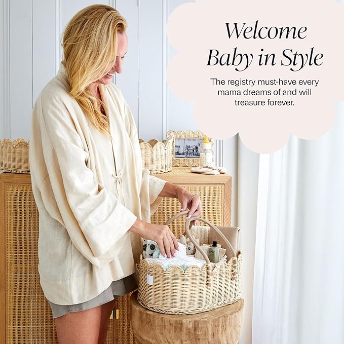 BEBE BASK Premium Baby Diaper Caddy Organizer - Handmade & Award-Winning Scalloped Rattan Basket - Luxury Diaper Caddy Basket