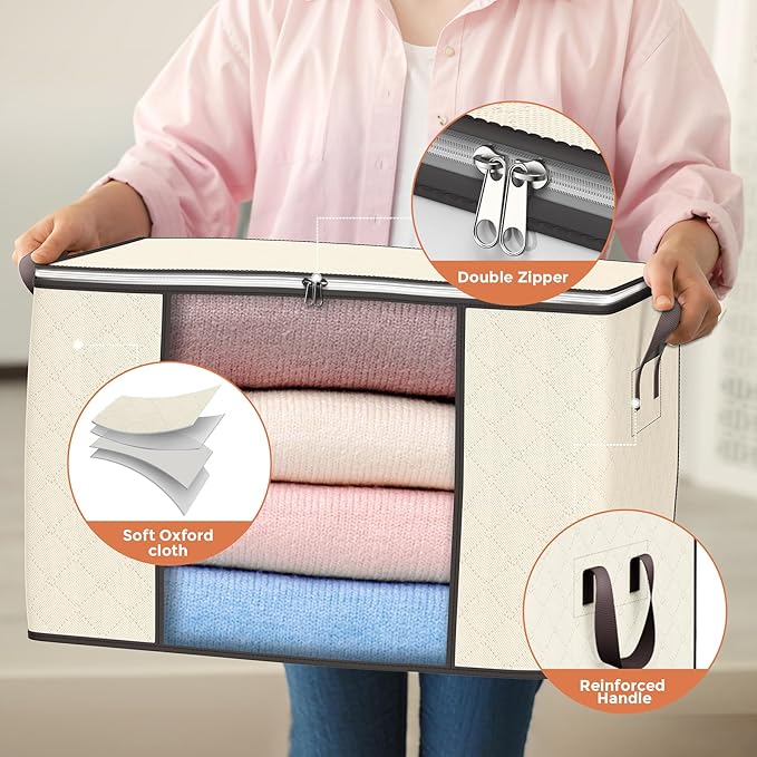 90 L Large Storage Bags, 4 Pack Clothes Storage Bins Foldable Closet Organizers Storage Containers with Reinforced Handle for