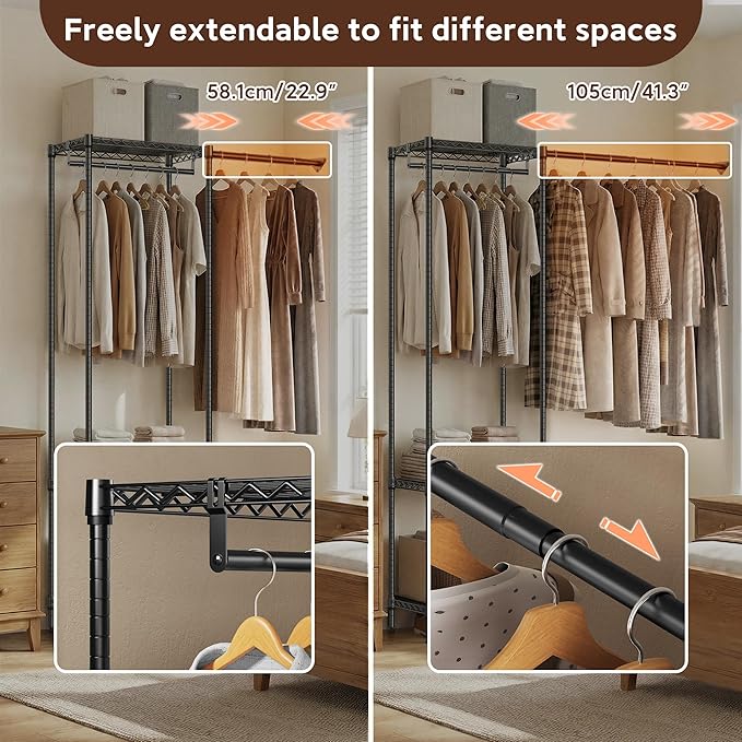 MZG Heavy Duty Rolling Garment Rack 3 Tiers Adjustable Wire Shelving Clothes Rack with 2 Rods Storage Closet Clothing Rack Bl